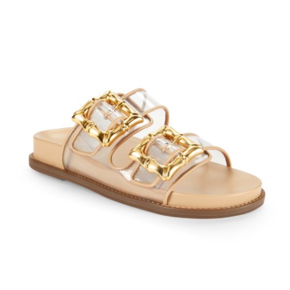 SCHUTZ Clear Slide Sandals with Gold Buckles